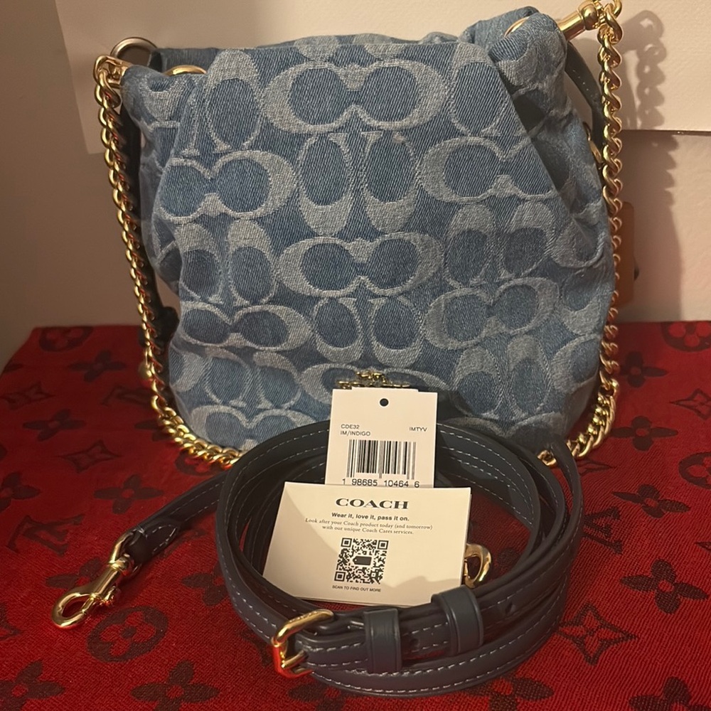 Coach Light Blue Signature Denim Drawstring Shoulder Bag with Gold Chain